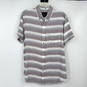 Rails Shirt Mens Large  Gray Red Blue Stripes Button Up Camp Casual Linen Rayon